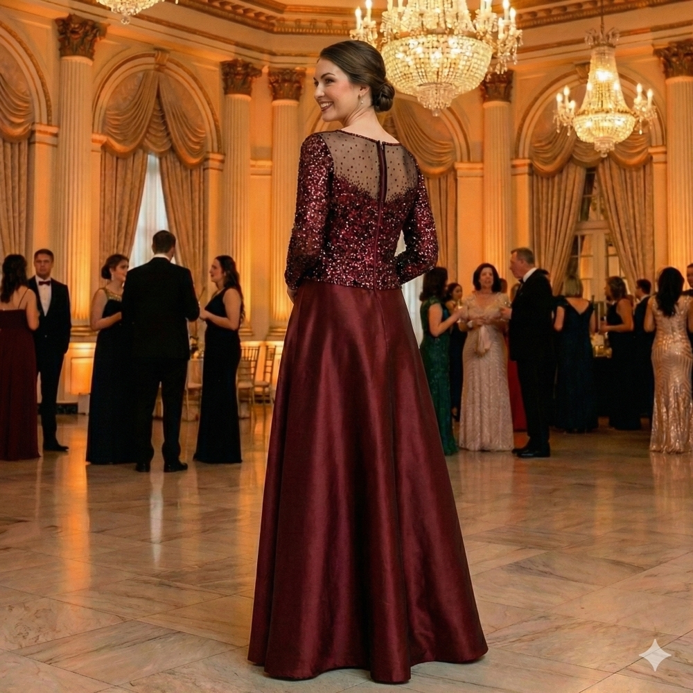 NWT Vintage Size 8 Cassandra Stone Deep Burgundy & Black Sequin Illusion Gown - Picture 3 of 7
